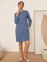 Linen Casual Round Neck Buttoned Dress LORRAINE - DRESSES-Linen Mini