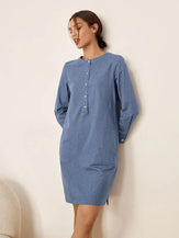Linen Casual Round Neck Buttoned Dress LORRAINE - DRESSES-Linen Mini