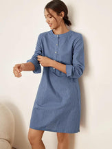 Linen Casual Round Neck Buttoned Dress LORRAINE - DRESSES-Linen Mini