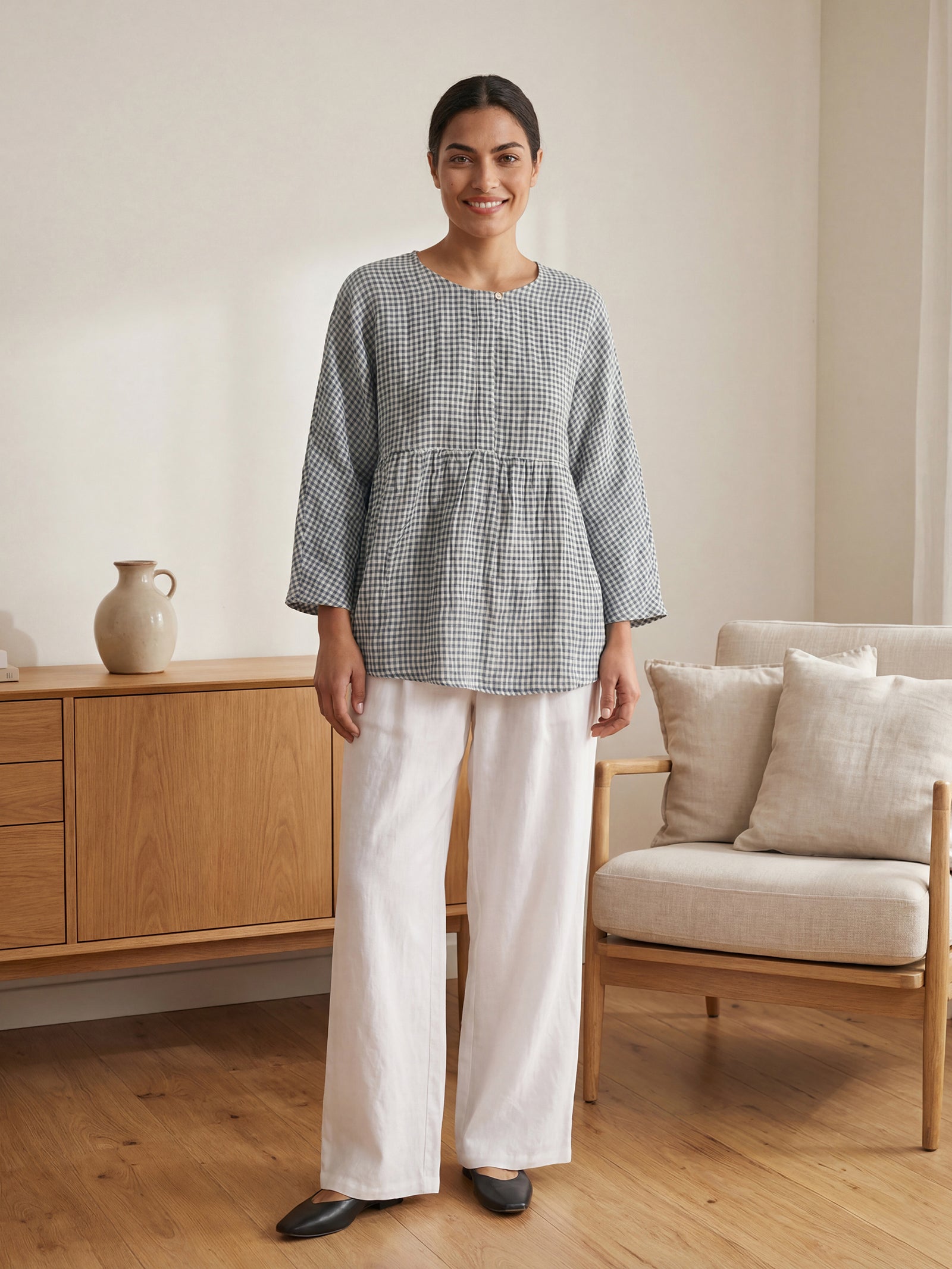 Linen Checked Long-Sleeved Top CAROLINE