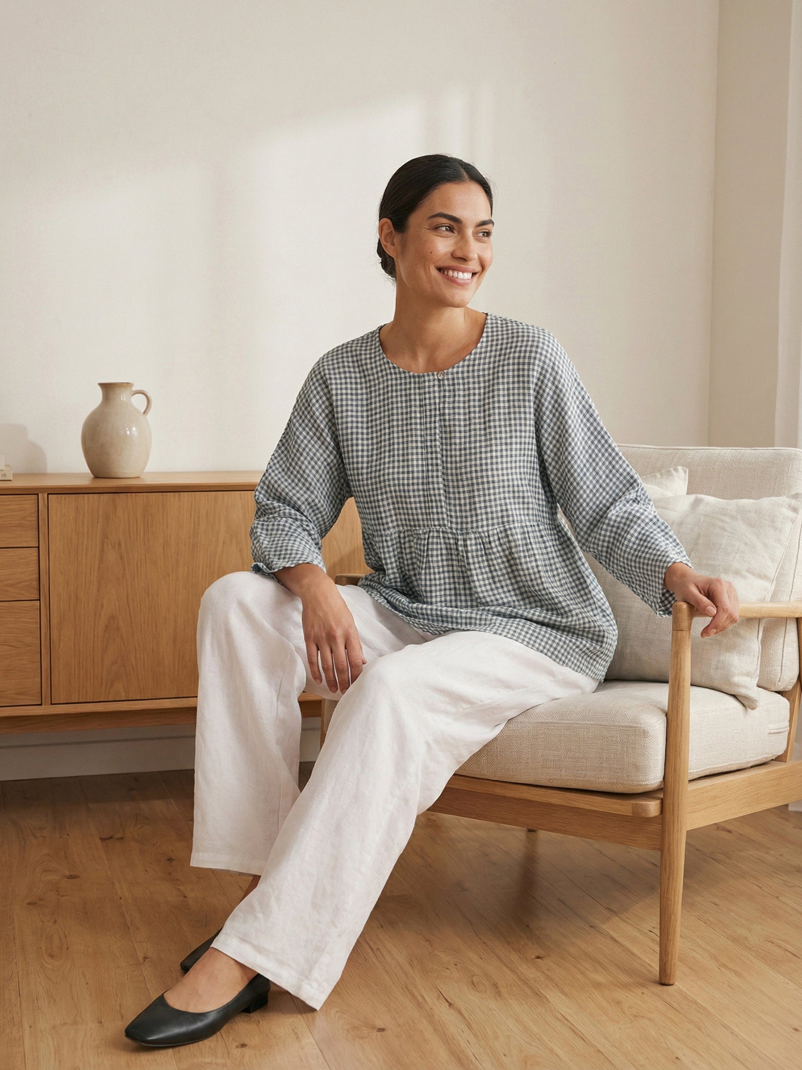 Linen Checked Long-Sleeved Top CAROLINE