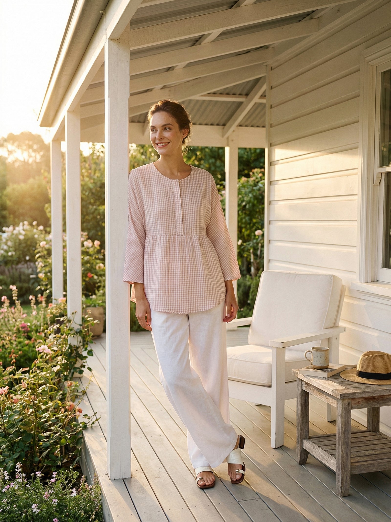 Linen Checked Long-Sleeved Top CAROLINE by LINTICO for women