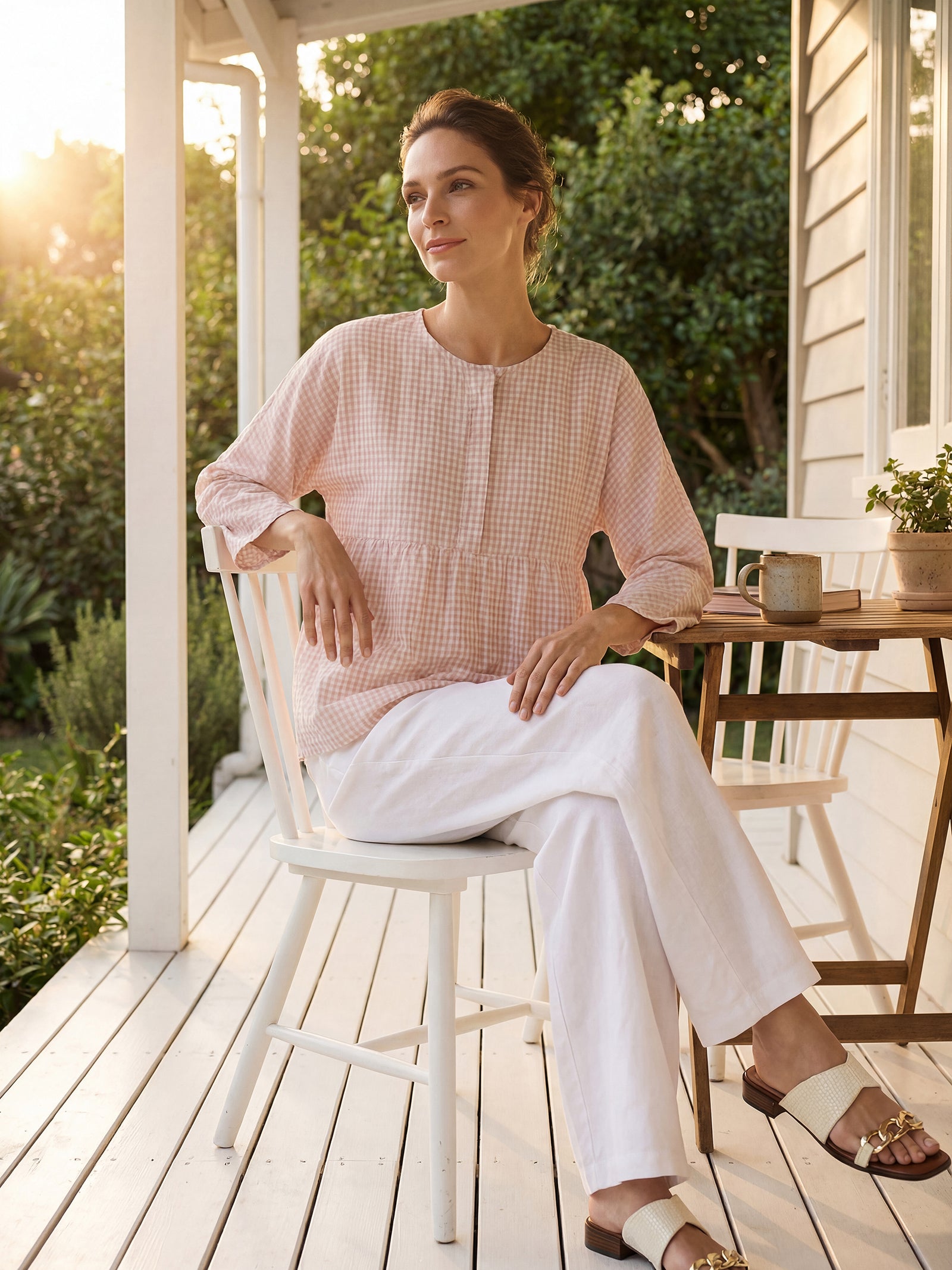 Linen Checked Long-Sleeved Top CAROLINE by LINTICO for women