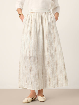 Linen Striped Contrast Trim A-Line Bohemian Skirt with Lining ISMERIE