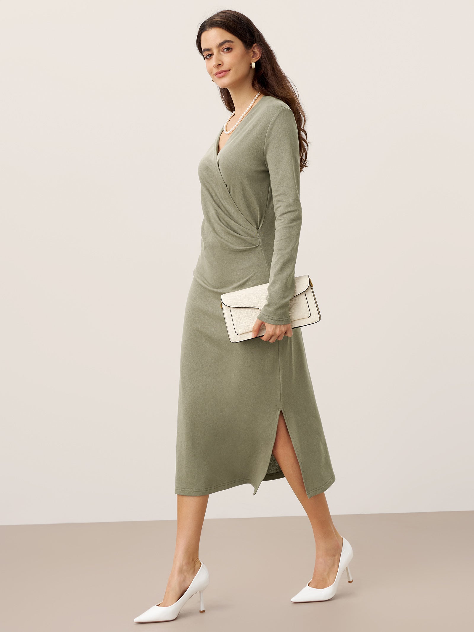 Crossover V-Neck Wrap Stretch Midi Dress MARNIE by LINTICO for women