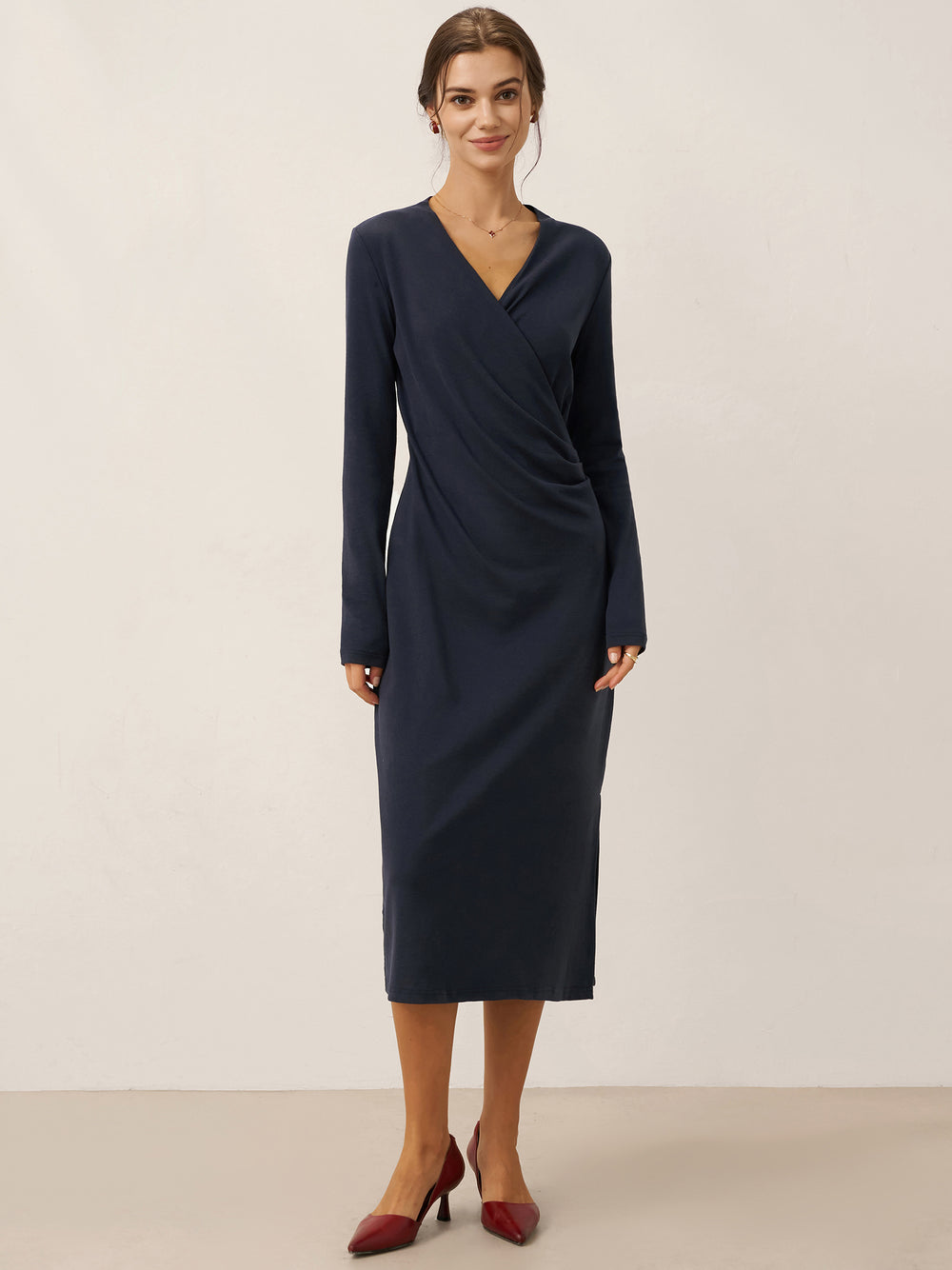 Crossover V-Neck Wrap Stretch Midi Dress MARNIE