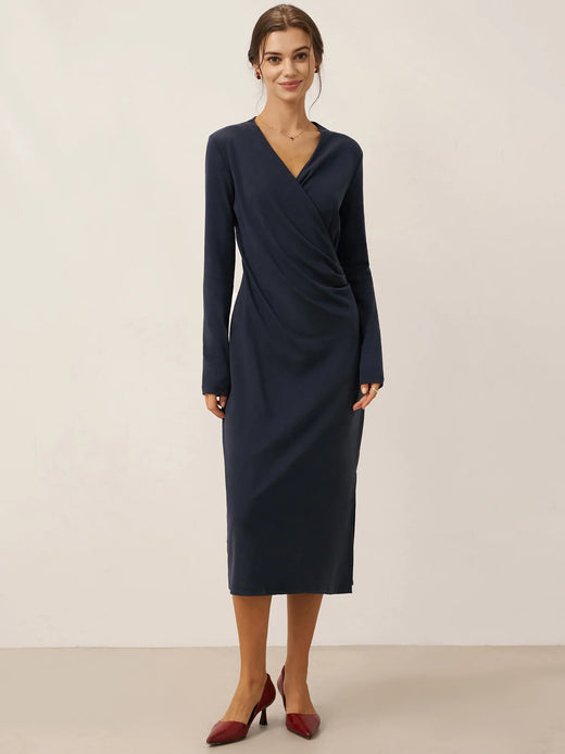 Crossover V-Neck Wrap Stretch Midi Dress MARNIE