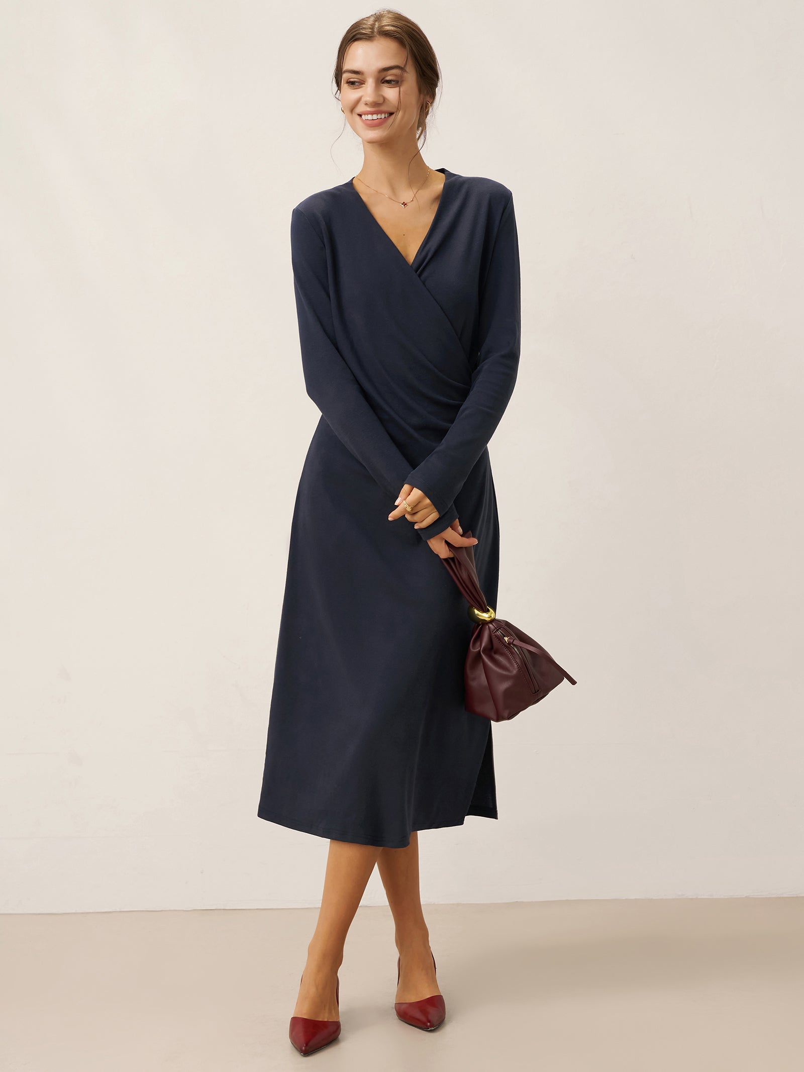 Crossover V-Neck Wrap Stretch Midi Dress MARNIE by LINTICO for women