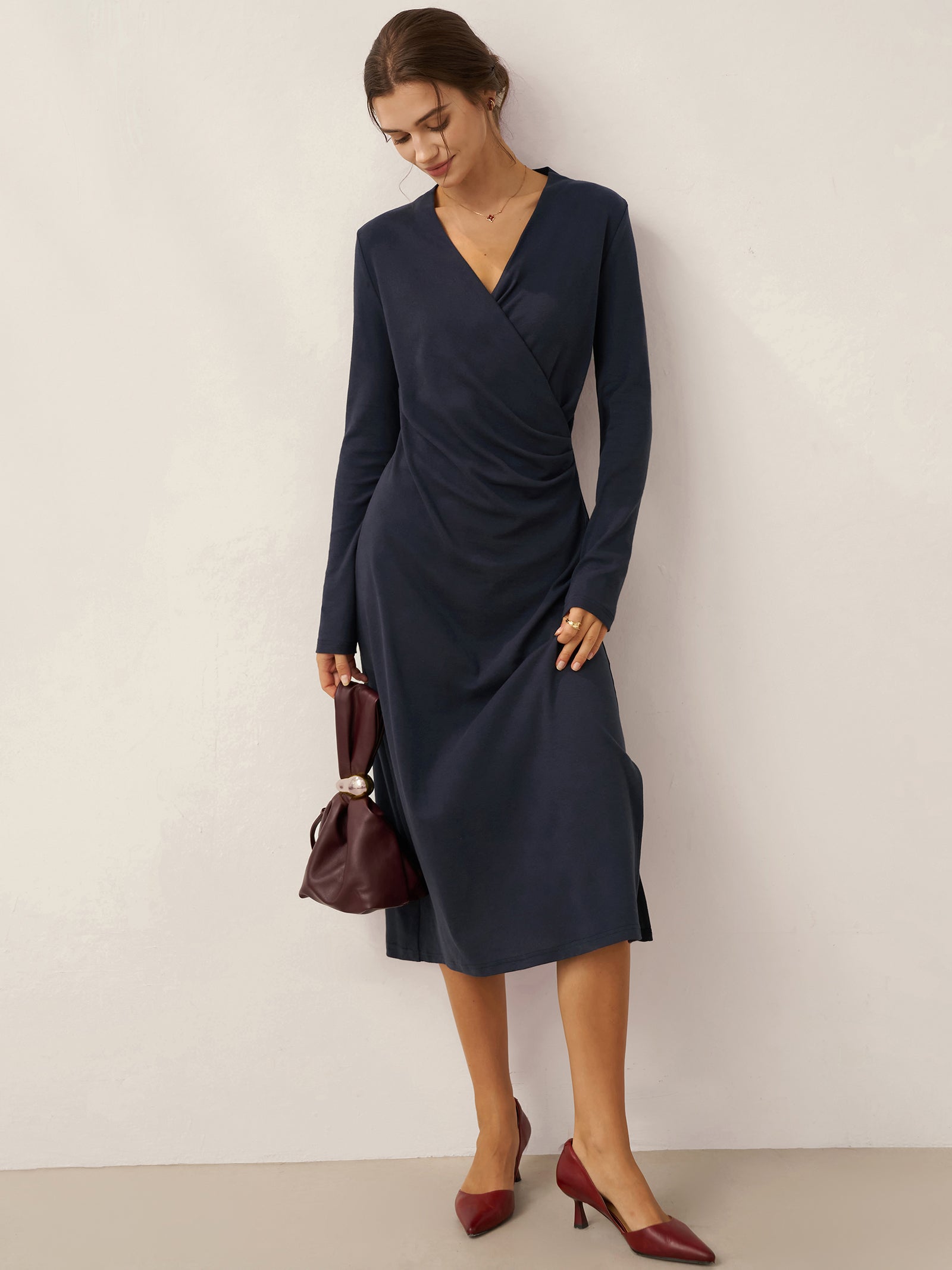 Crossover V-Neck Wrap Stretch Midi Dress MARNIE by LINTICO for women