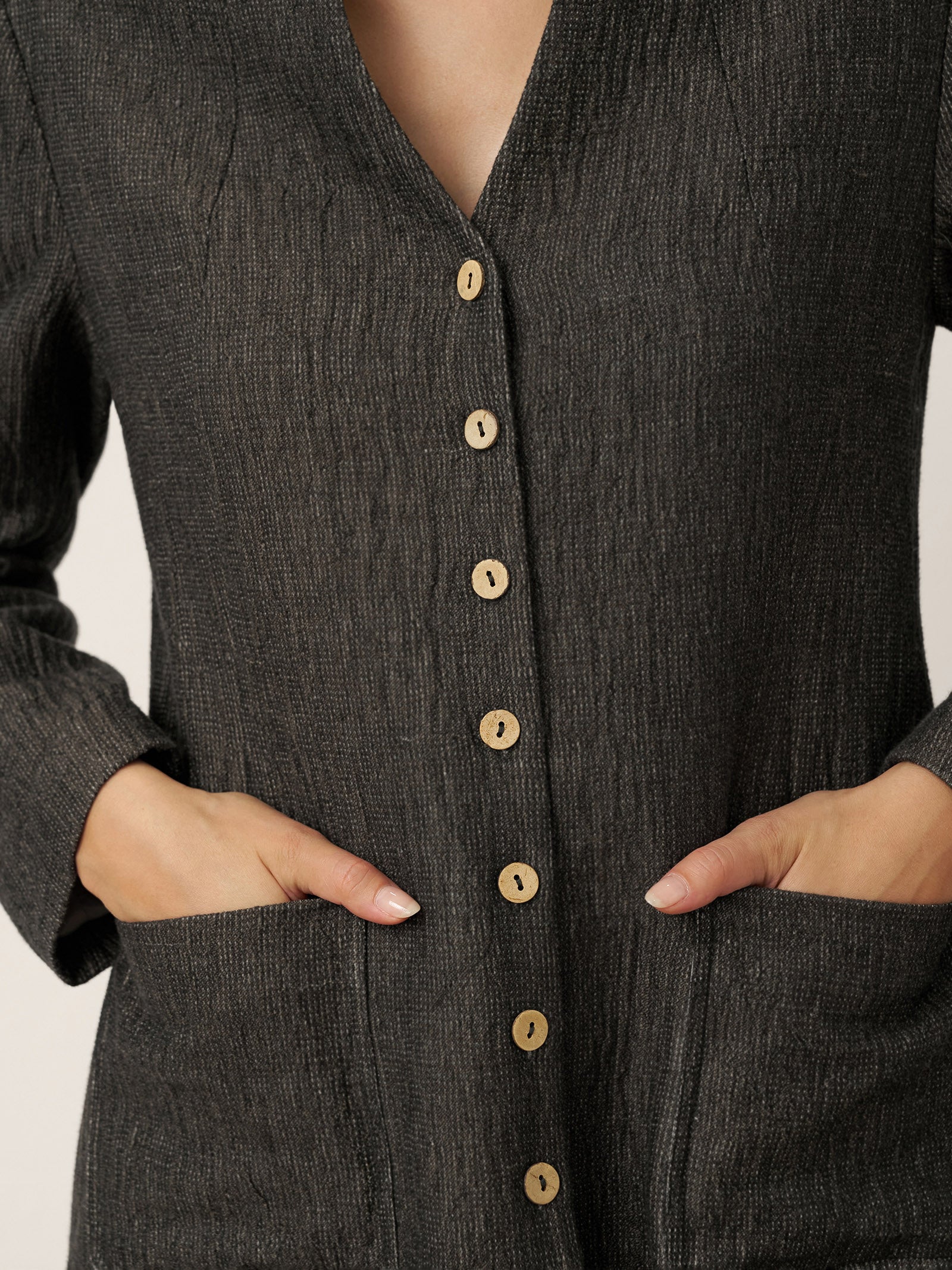 Linen Mandarin Collar Button-Up Long Shirt Jacket JORDAN by LINTICO for women