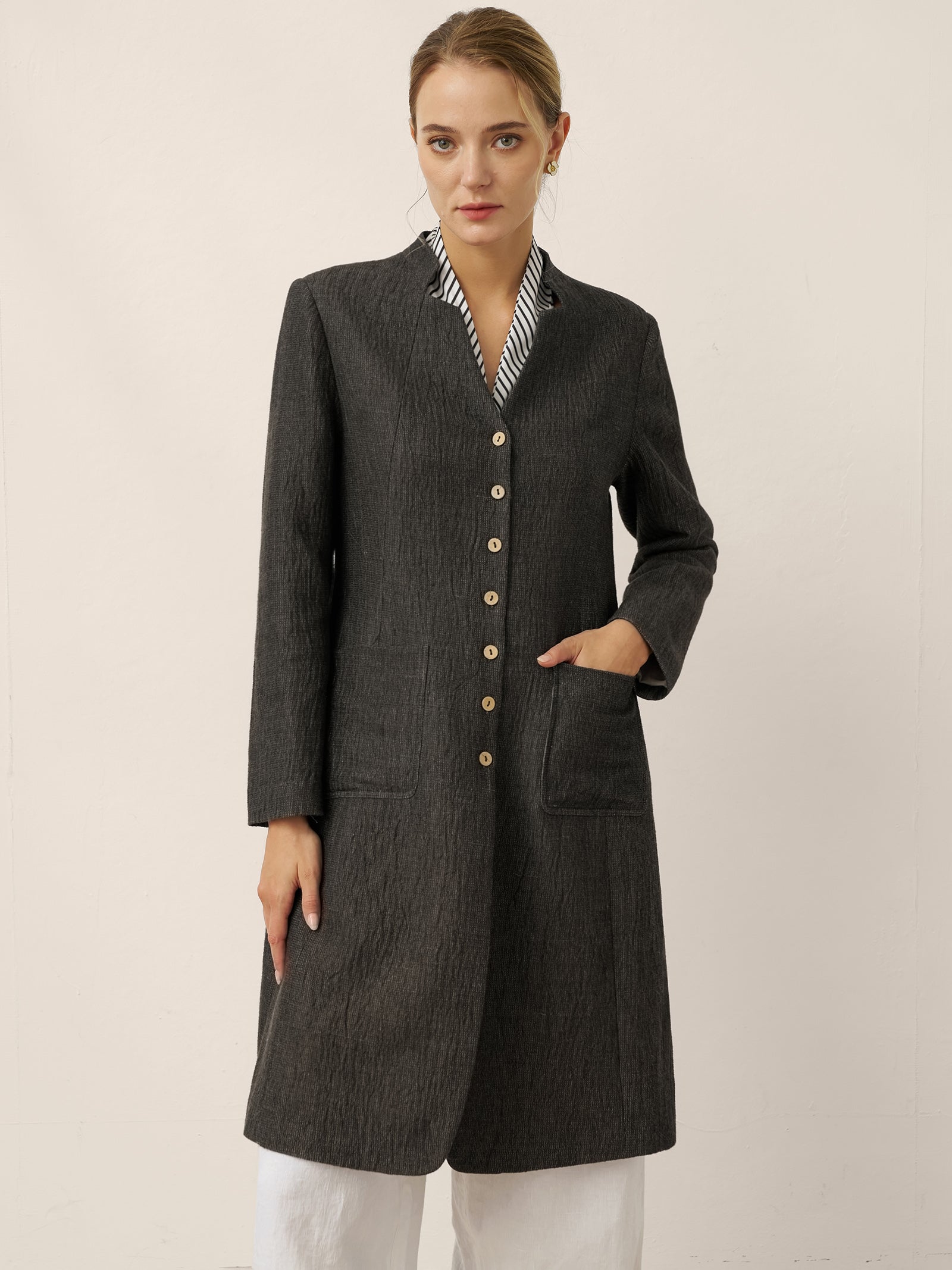 Linen Mandarin Collar Button-Up Long Shirt Jacket JORDAN by LINTICO for women