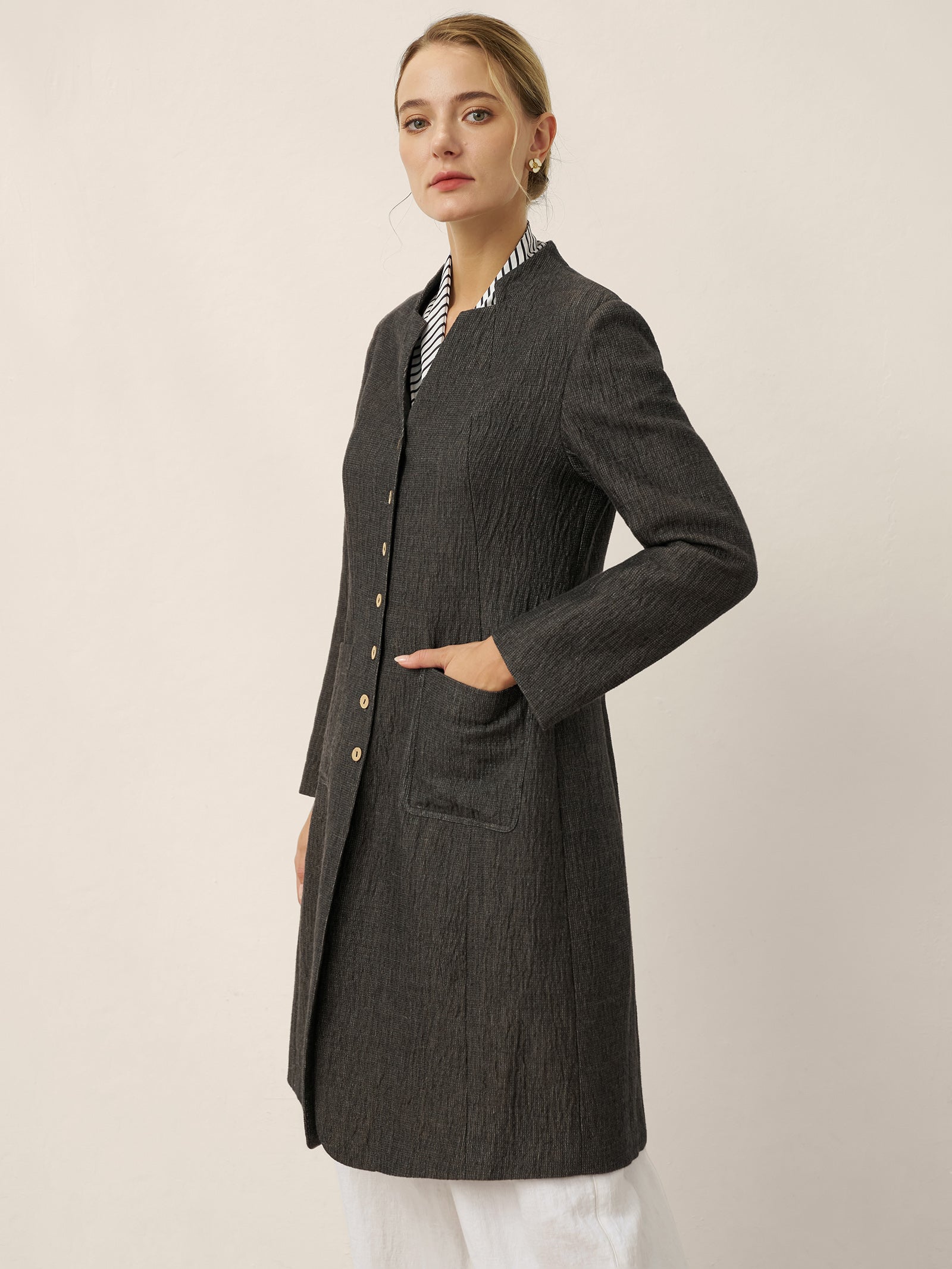 Linen Mandarin Collar Button-Up Long Shirt Jacket JORDAN by LINTICO for women