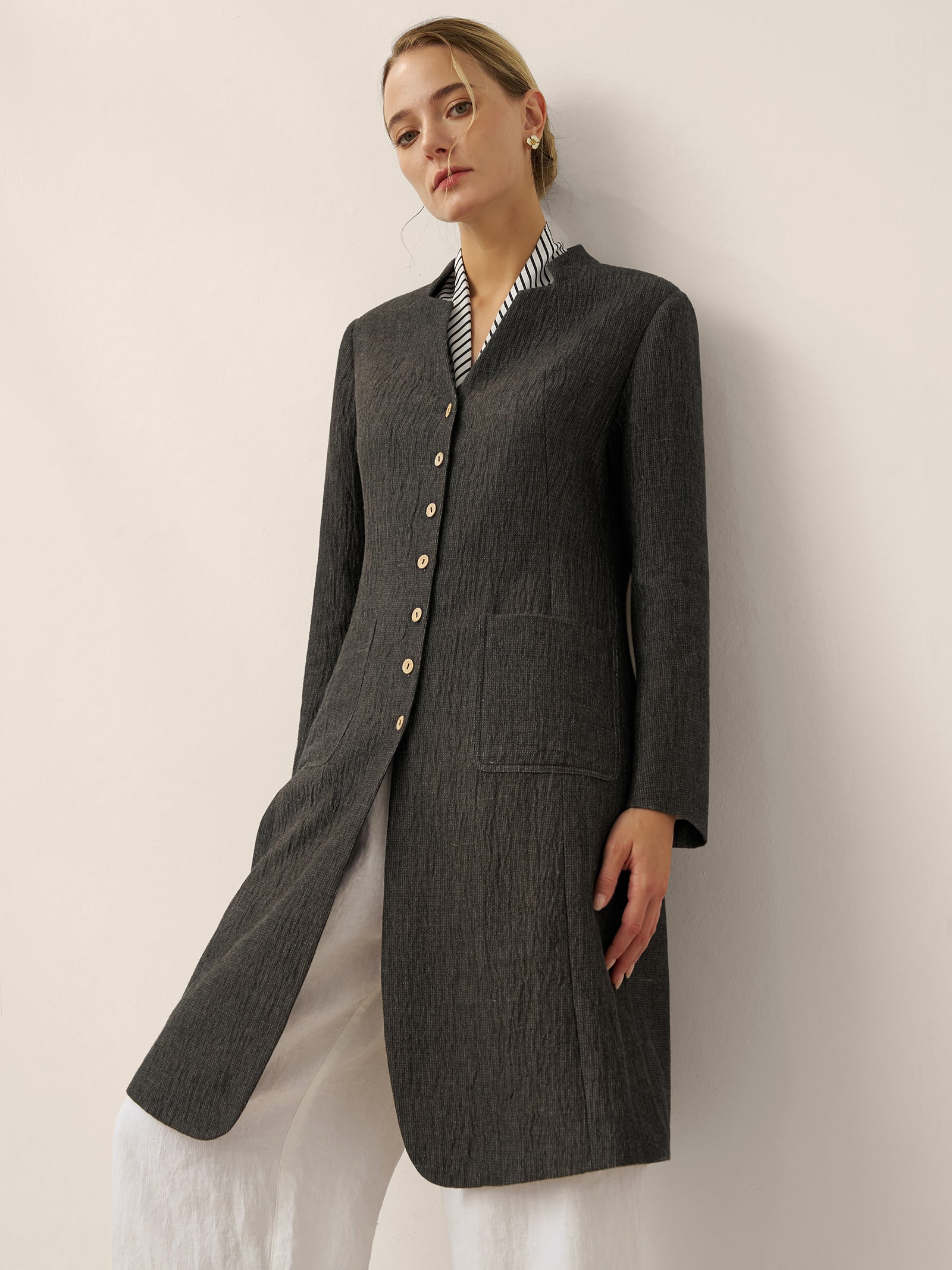 Linen Mandarin Collar Button-Up Long Shirt Jacket JORDAN by LINTICO for women
