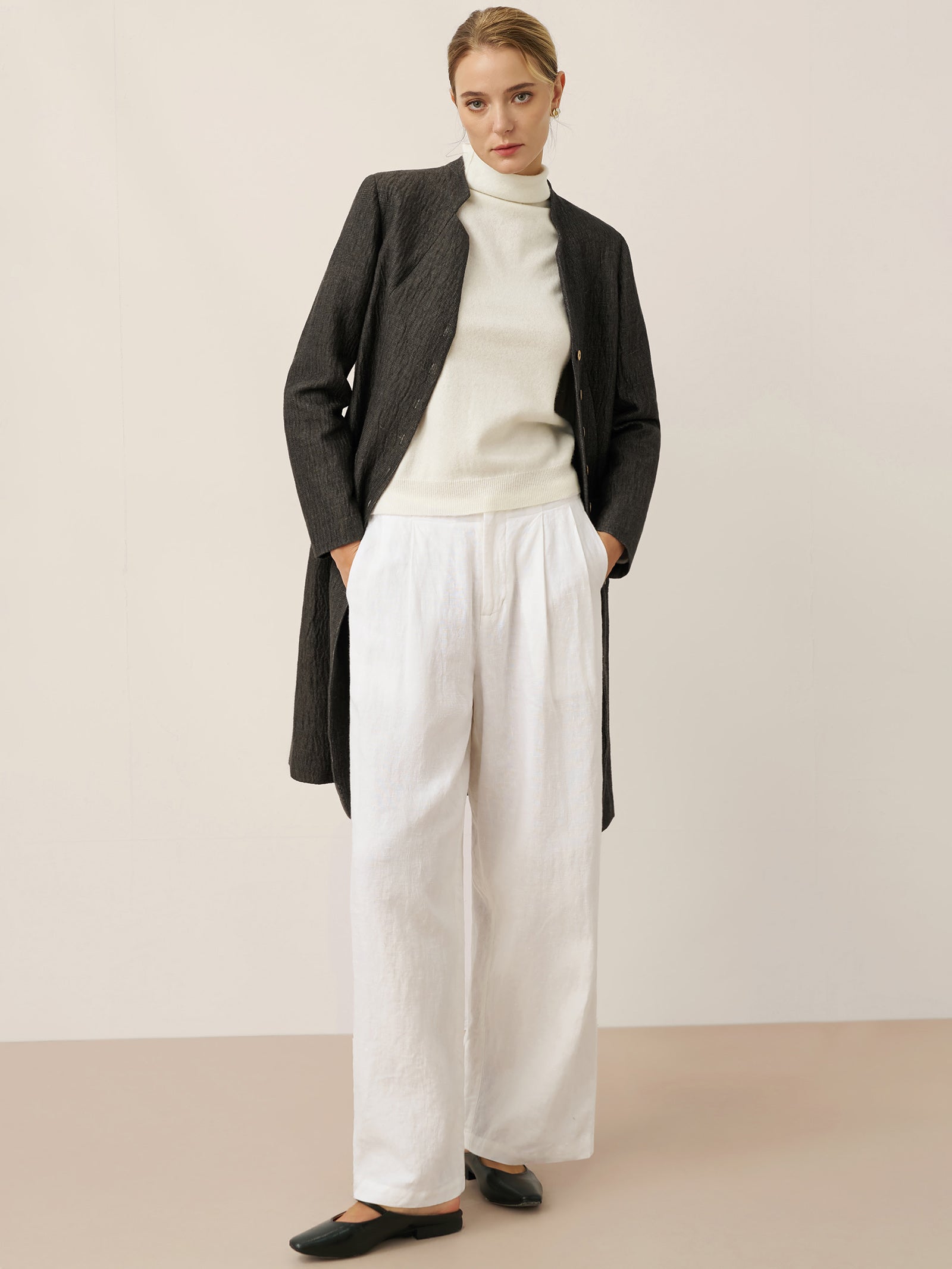 Linen Mandarin Collar Button-Up Long Shirt Jacket JORDAN by LINTICO for women