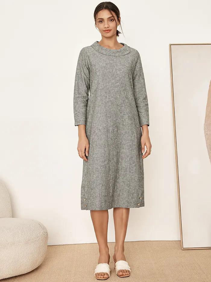 Linen Round Soft-Fold Collar Midi Dress Mellow - DRESSES-Linen