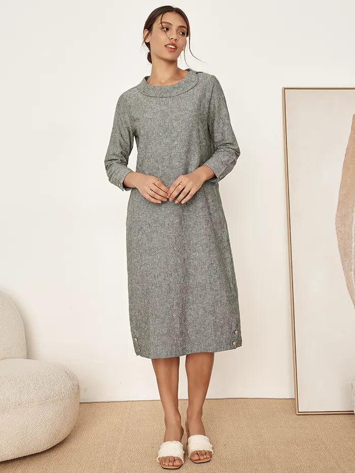 Linen Round Soft-Fold Collar Midi Dress Mellow - DRESSES-Linen