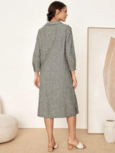 Linen Round Soft-Fold Collar Midi Dress Mellow - DRESSES-Linen