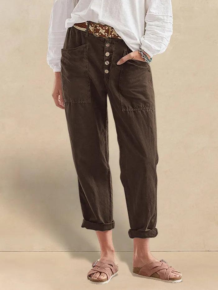 HEIDI Linen Simple Button Fly Trousers - Espresso / XS - BOTTOMS-Linen Pants