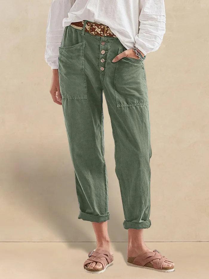 HEIDI Linen Simple Button Fly Trousers - Forest Green / XS - BOTTOMS-Linen Pants