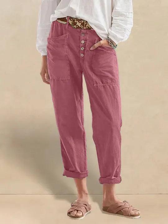 HEIDI Linen Simple Button Fly Trousers - Raspberry Pink / XS - BOTTOMS-Linen Pants