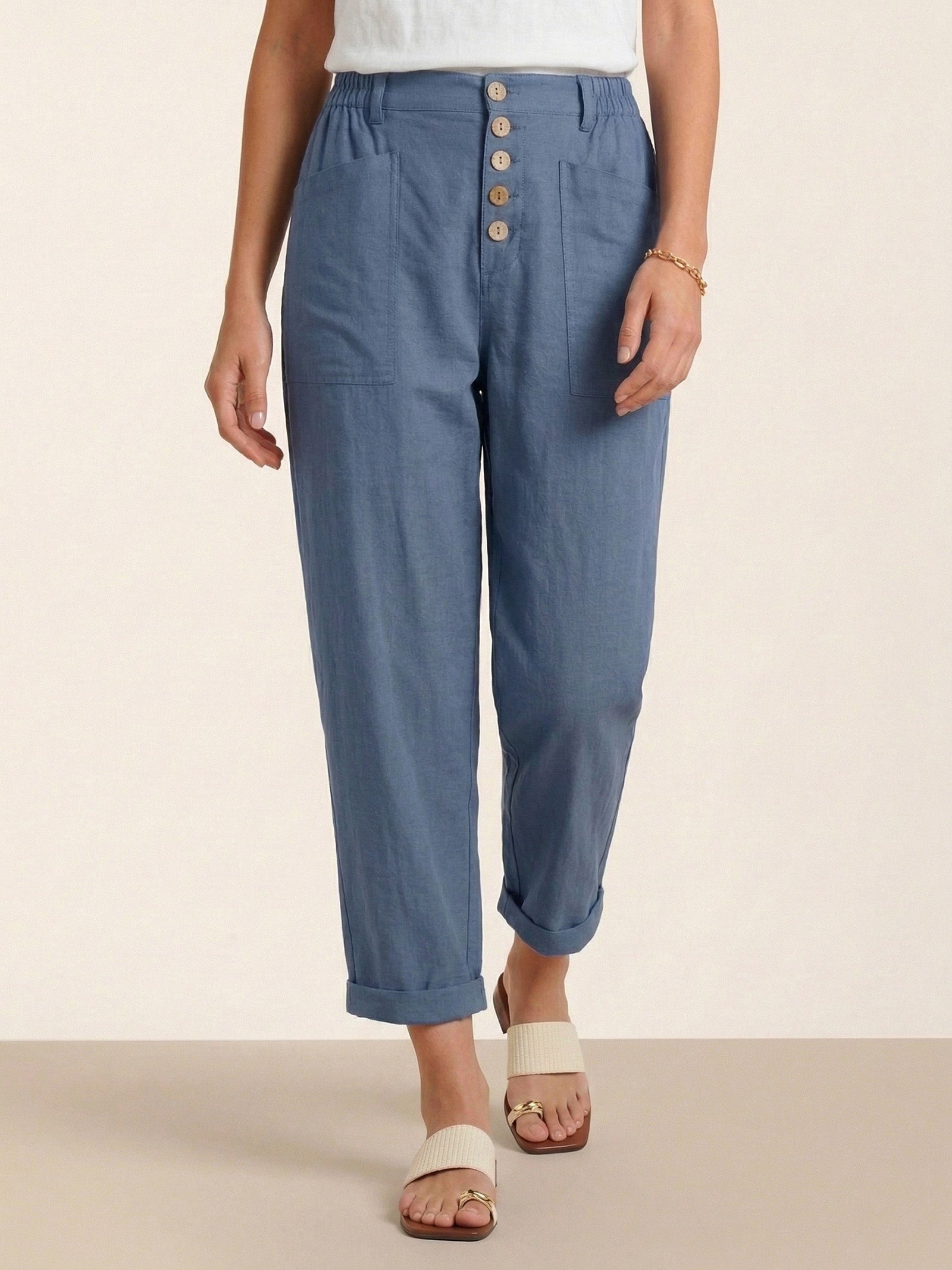 Linen Simple Button Fly Trousers HEIDI by LINTICO for women
