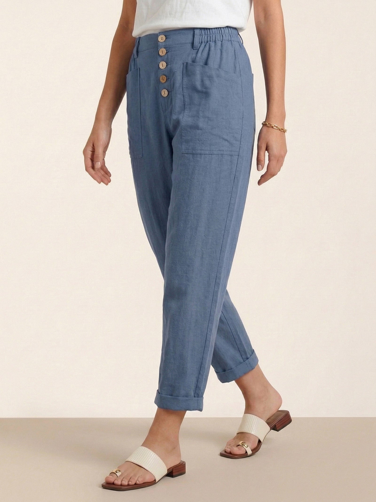 Linen Simple Button Fly Trousers HEIDI by LINTICO for women