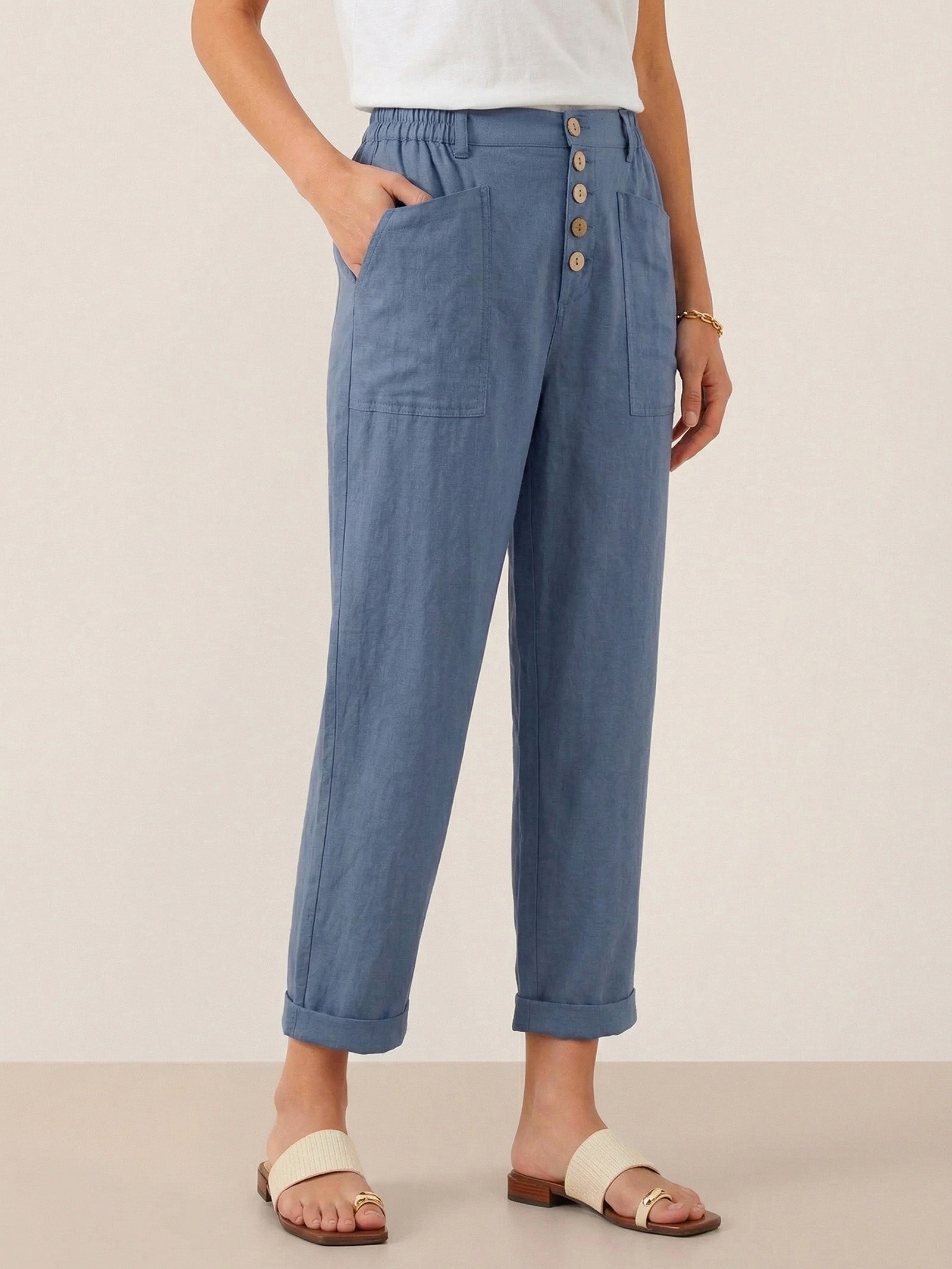 Linen Simple Button Fly Trousers HEIDI by LINTICO for women