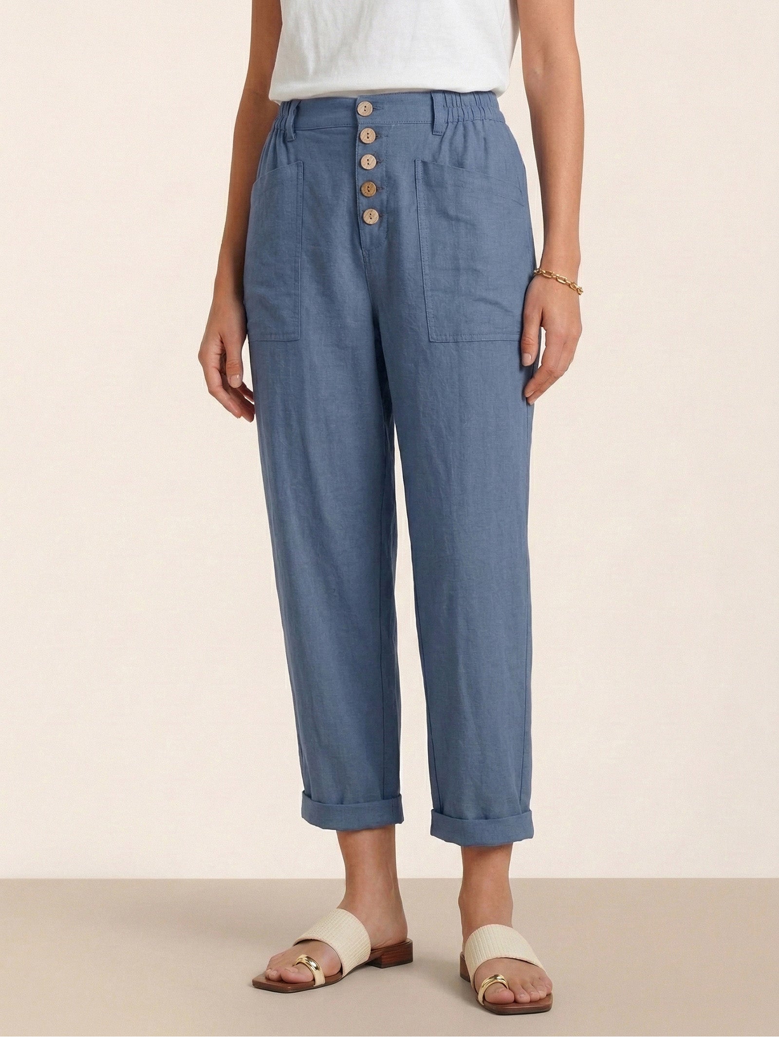 Linen Simple Button Fly Trousers HEIDI by LINTICO for women