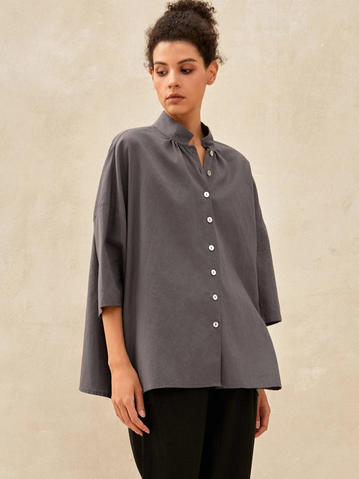 Linen Square Neck Long Sleeve Shirt LIBBY - Neutral Grey / One-size - TOPS-Linen Button Down Shirts