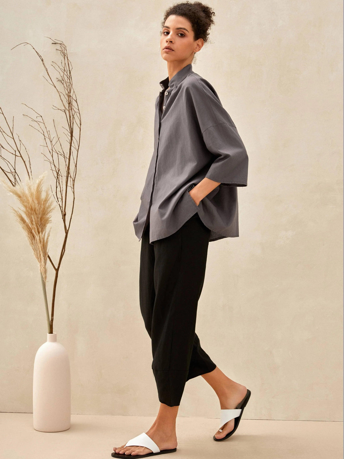 Linen Square Neck Long Sleeve Shirt LIBBY - Neutral Grey / One-size - TOPS-Linen Button Down Shirts