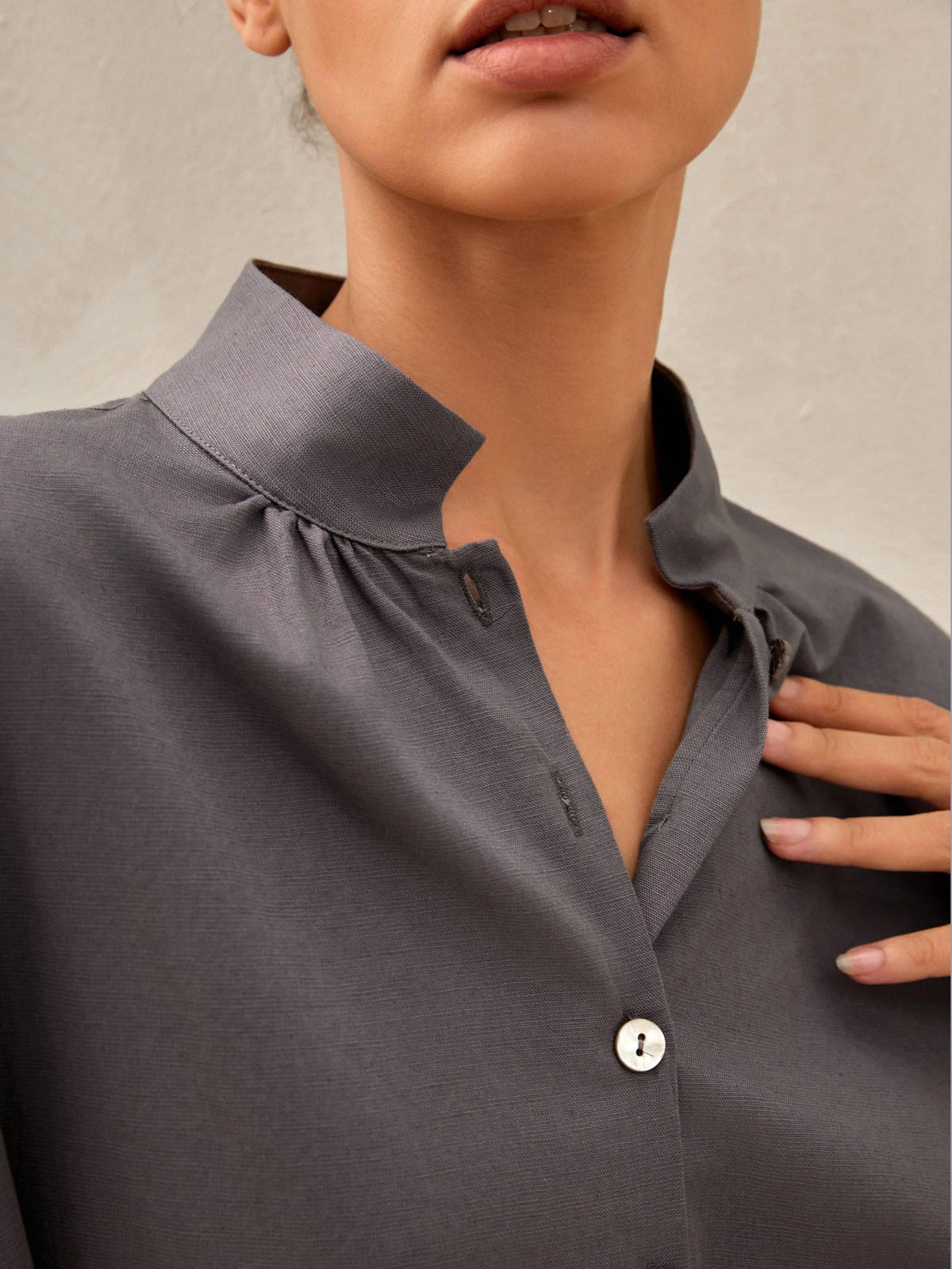 Linen Square Neck Long Sleeve Shirt LIBBY - Neutral Grey / One-size - TOPS-Linen Button Down Shirts