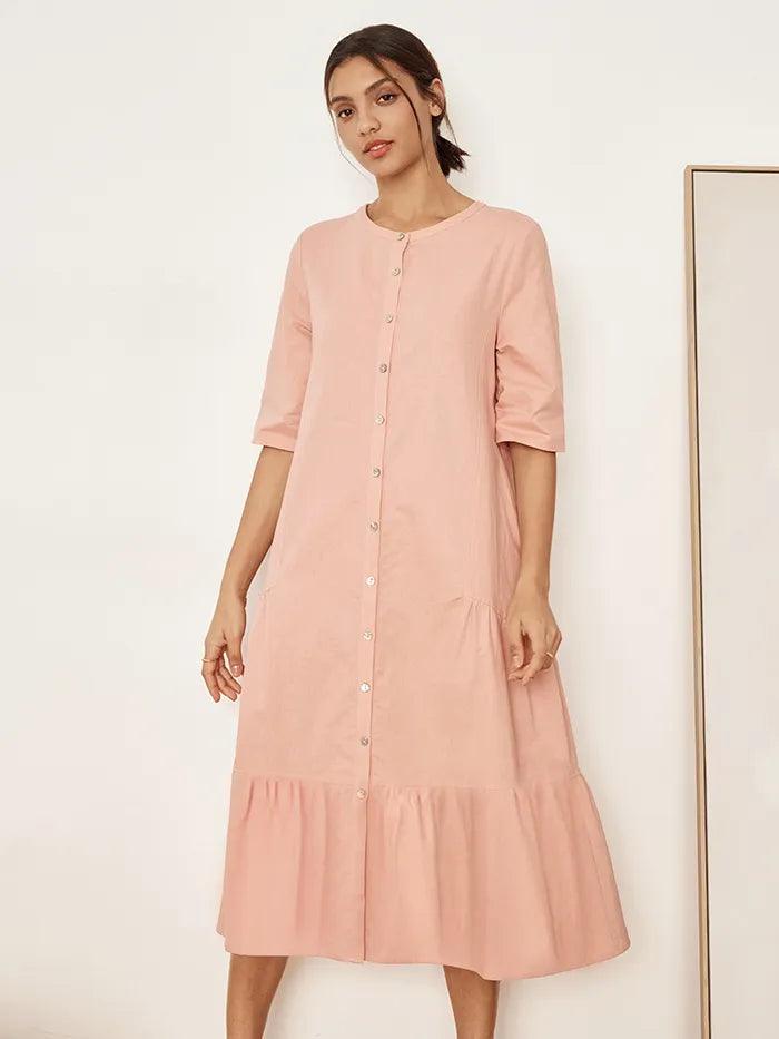 Linen Tiered Button-Through Dress KATE - Pale Pink / S - DRESSES-Linen Maxi