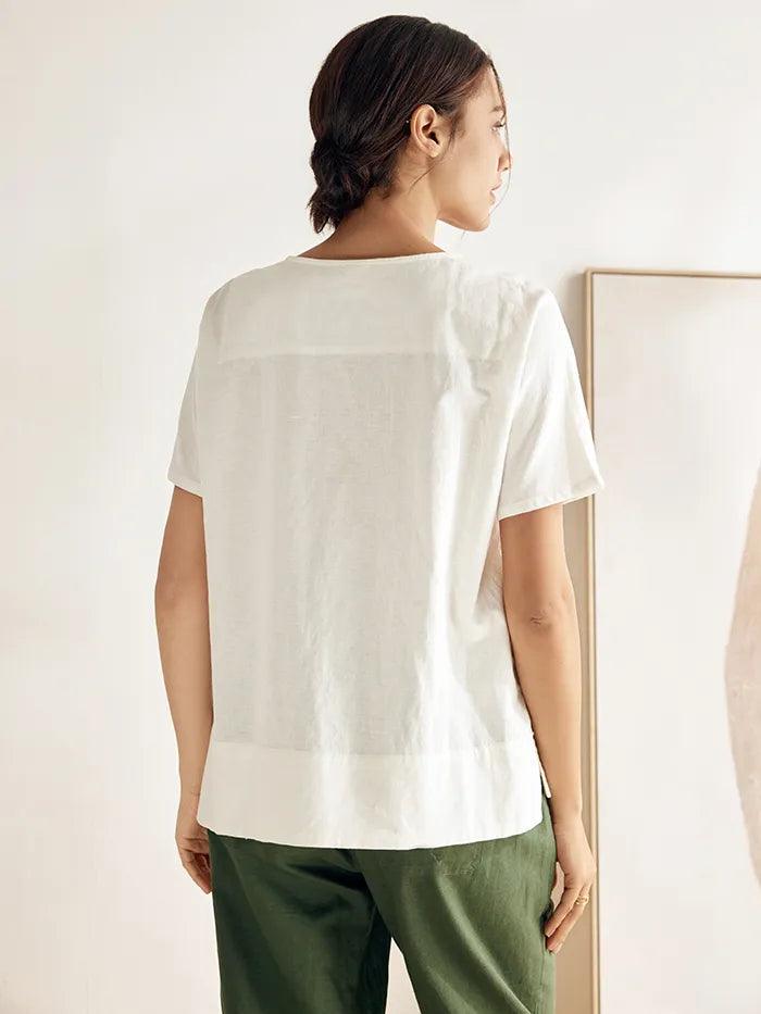 Linen Wide Short-Sleeved Top SERAPHINA - TOPS-Linen Button Down Shirts
