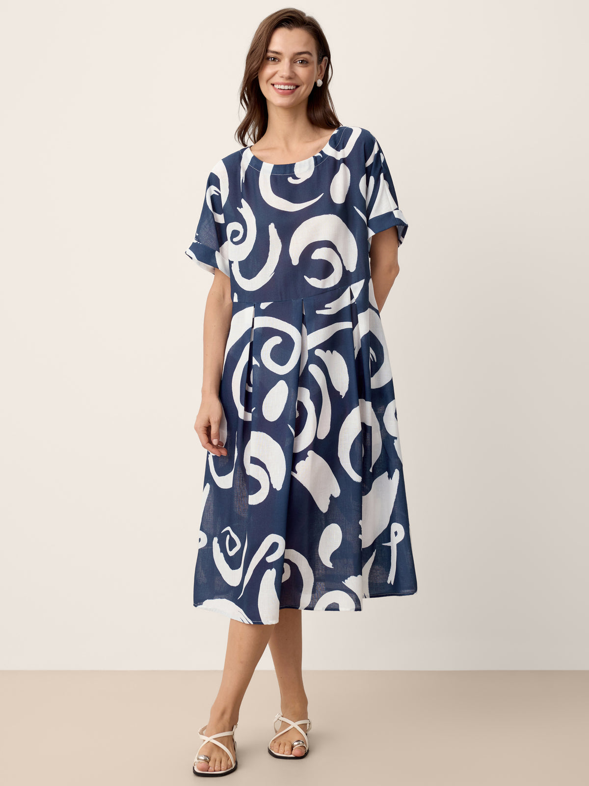 Linen Abstract Print Pleated Waist Midi Dress PRIYA