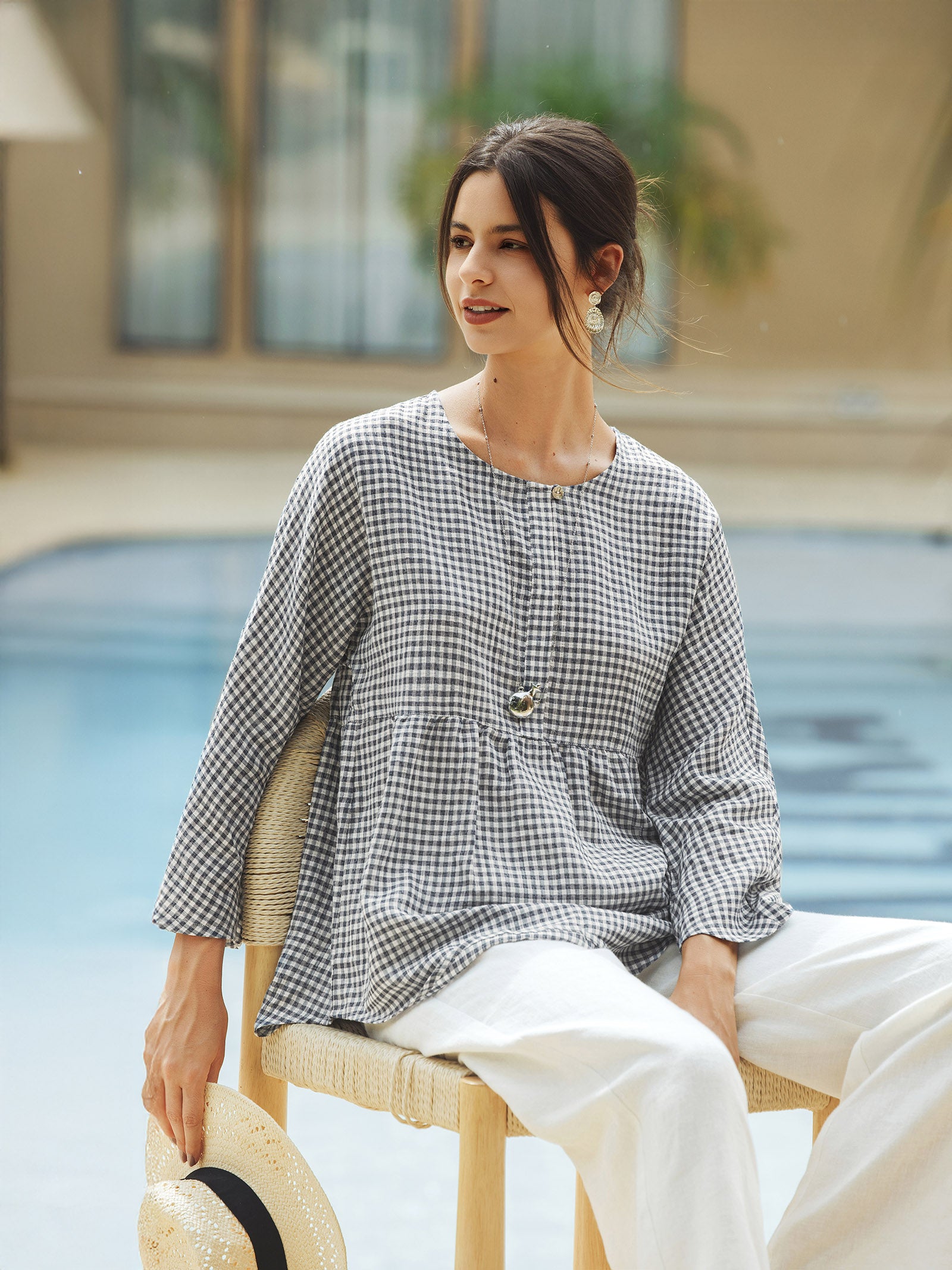 トップス HOLIDAY CHECK LINEN BIG COLLAR BLOUSE Womens V Neck Long Sleeve Button Down Blouses Tops Linen