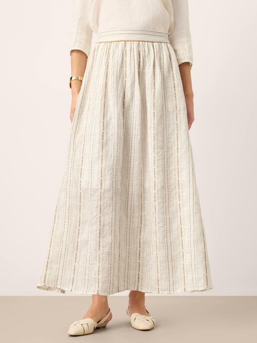 Linen Striped Contrast Trim A-Line Bohemian Skirt with Lining ISMERIE
