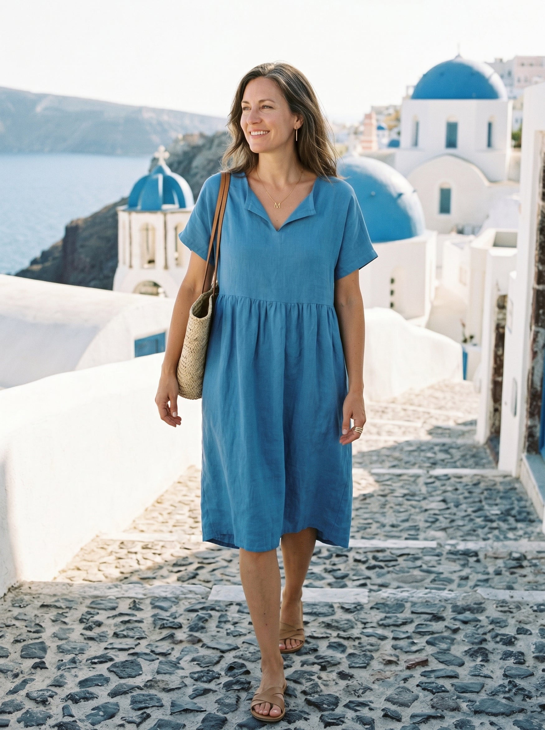 Linen Gathered-Hem Split-Neck Midi Dress SYDNEY