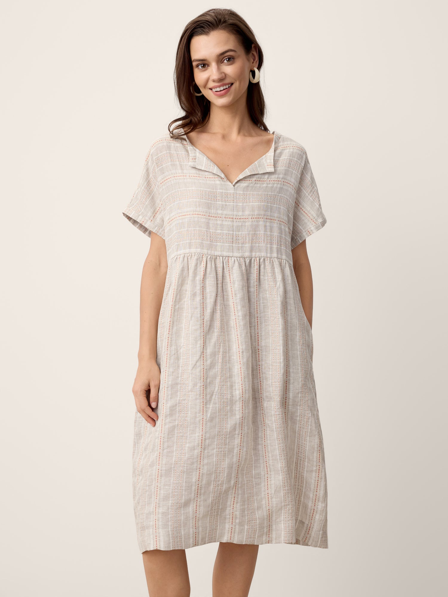 Linen Gathered-Hem Split-Neck Mini Dress SYDNEY by LINTICO for women