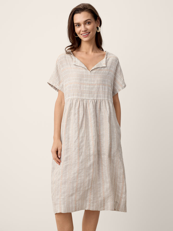 Linen Gathered-Hem Split-Neck Mini Dress SYDNEY