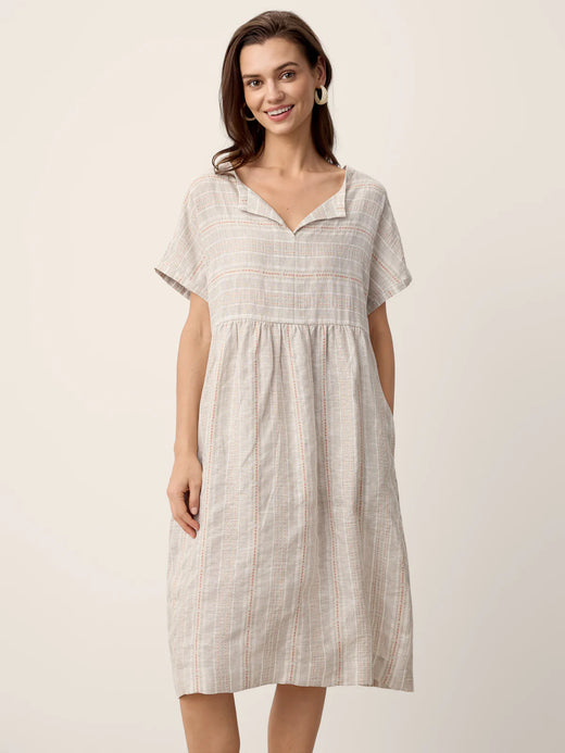 Linen Gathered-Hem Split-Neck Mini Dress SYDNEY