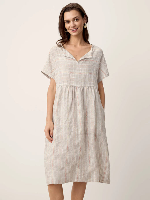 Linen Gathered-Hem Split-Neck Mini Dress SYDNEY