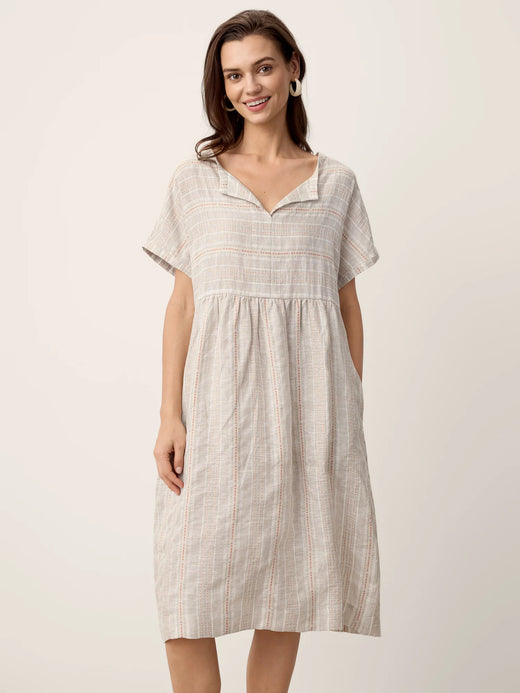 Linen Gathered-Hem Split-Neck Mini Dress SYDNEY
