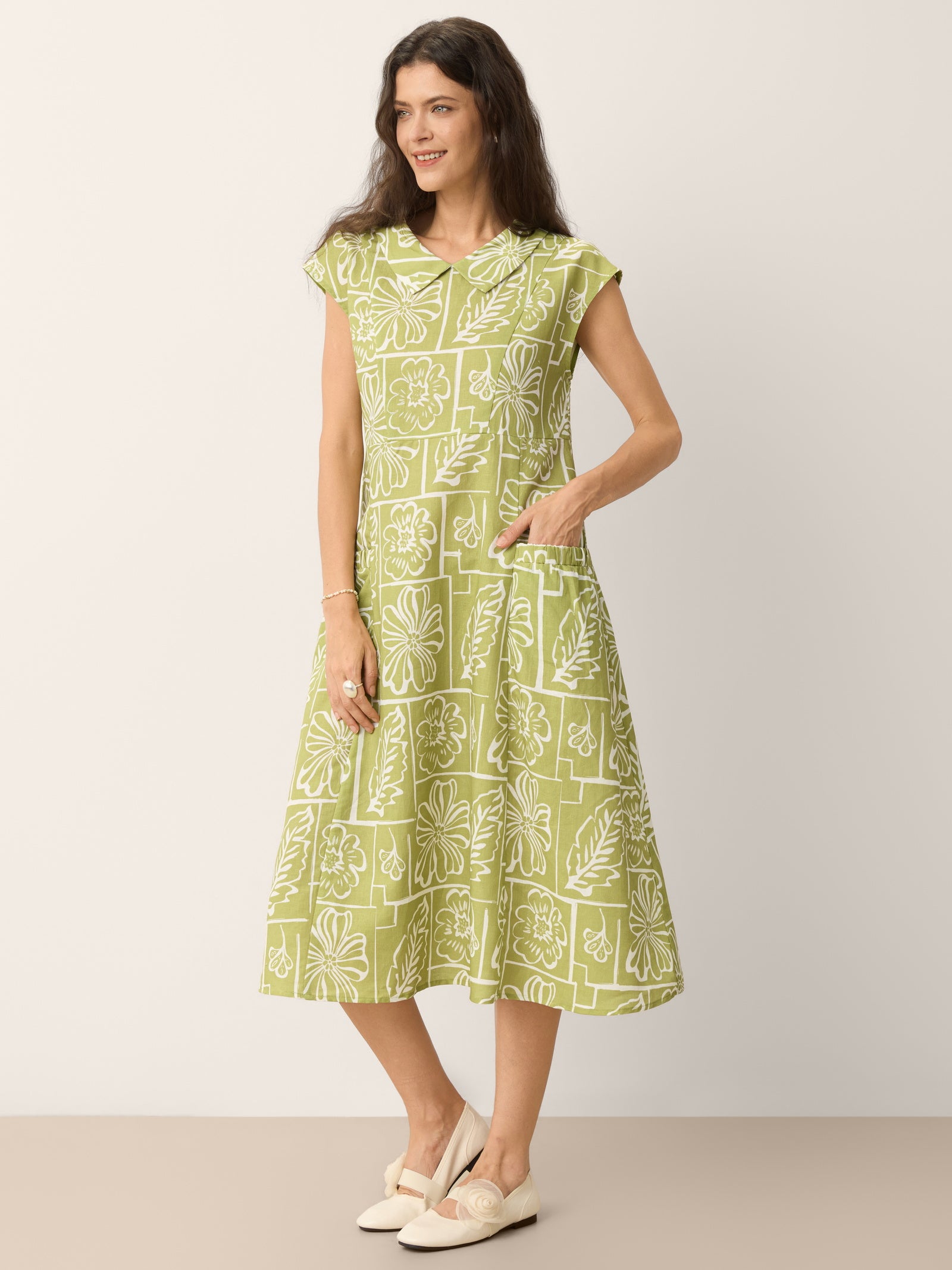 Linen Geometric Floral Peter-Pan Collar Midi Dress FABIENNE LINTICO Linen Geometric Floral Peter-Pan Collar Midi Dress FABIENNE LINTICO