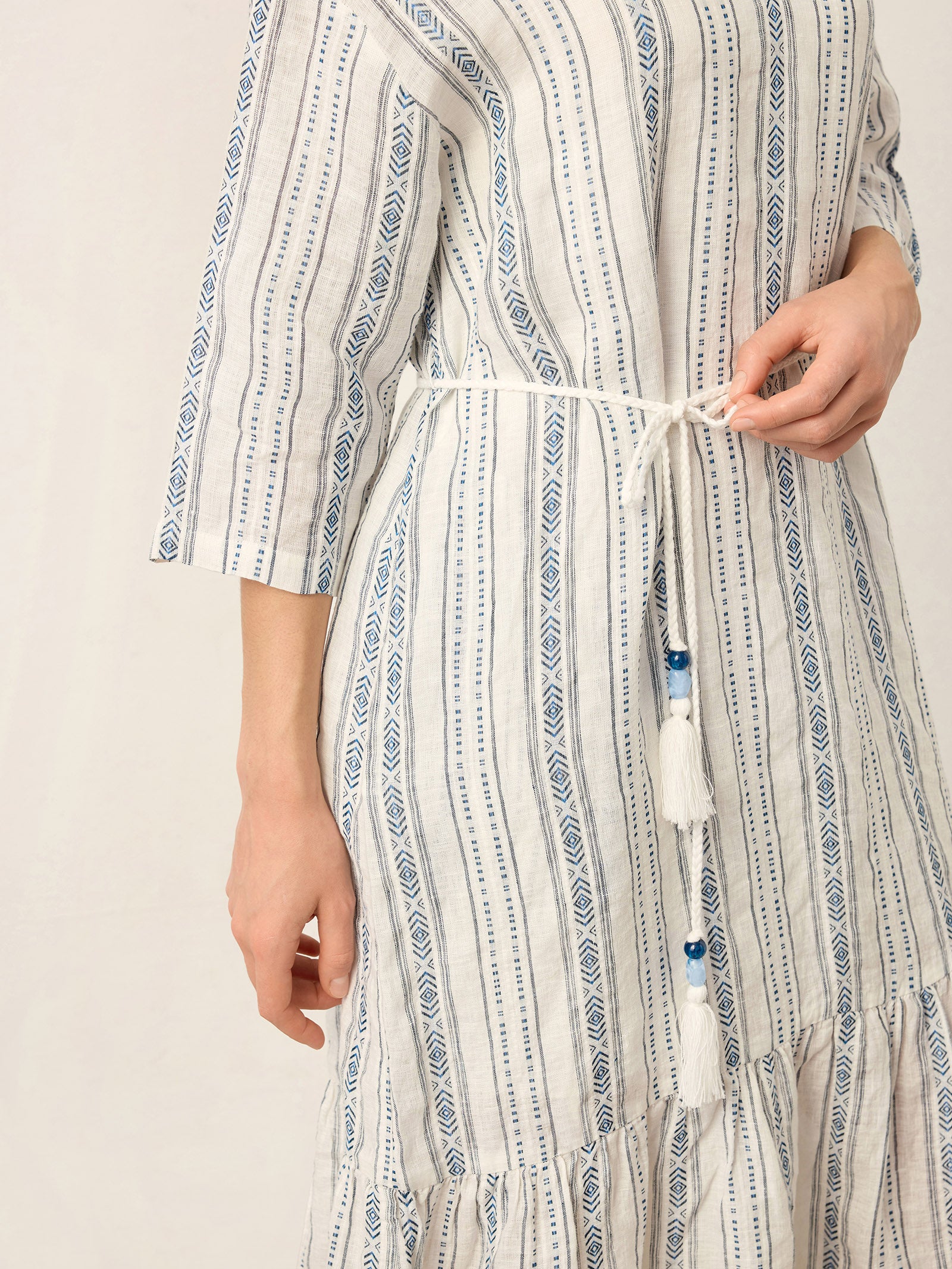 Linen Tribal Stripe Split Neck Bohemian Ruffle Midi Dress with Woven Belt and Slip MARLOWE by LINTICO for women
