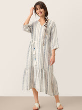 Linen Tribal Stripe Split Neck Bohemian Ruffle Midi Dress with Woven Belt and Slip MARLOWE by LINTICO for women