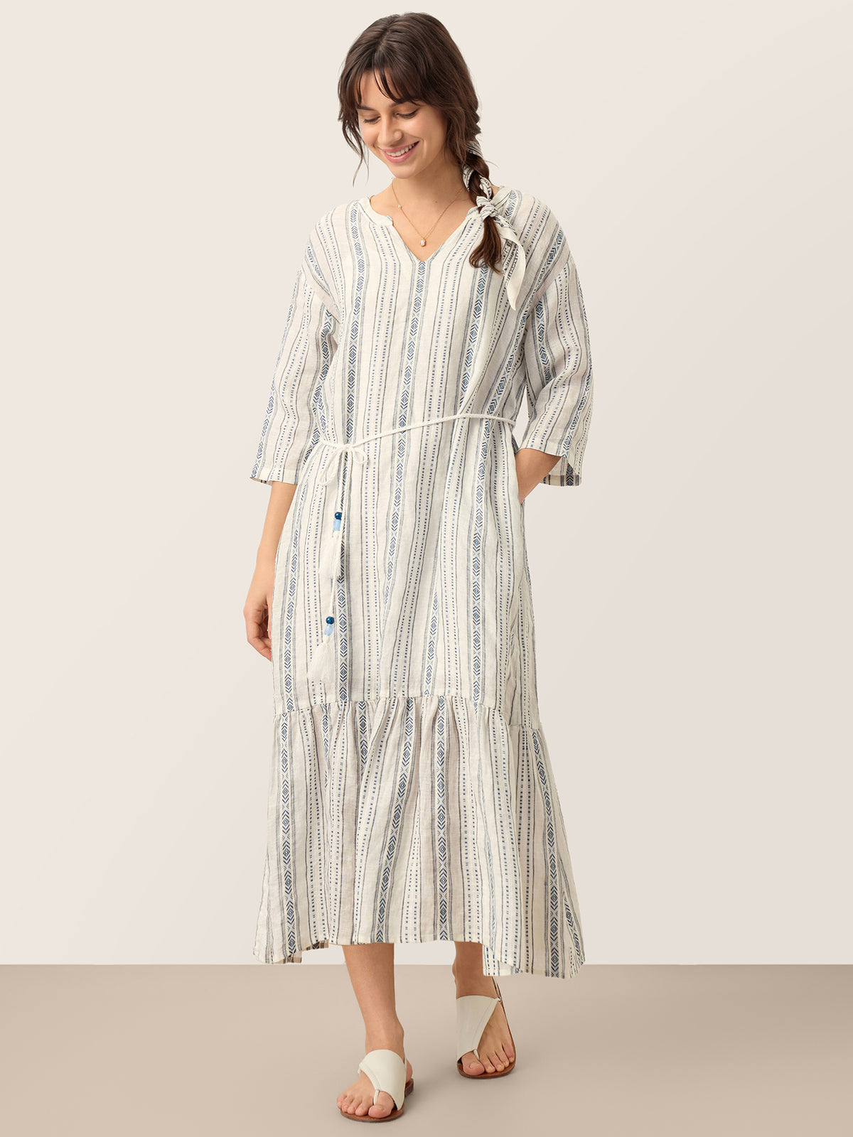 Linen Tribal Stripe Split Neck Bohemian Ruffle Midi Dress Woven Belt Slip MARLOWE
