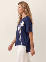 Linen-Lyocell Floral Cord Embroidered Asymmetric Hem Top FLORENE by LINTICO