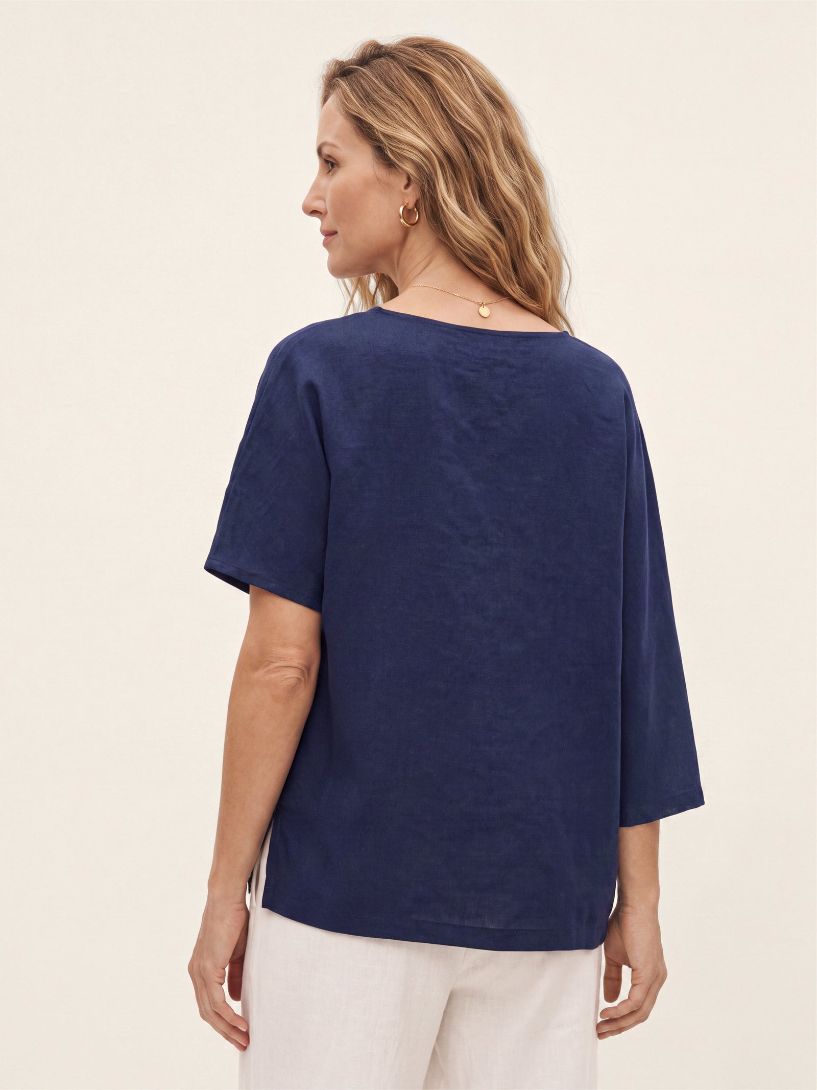 Linen-Lyocell Floral Cord Embroidered Asymmetric Hem Top FLORENE by LINTICO