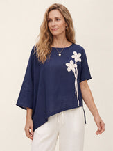 Linen-Lyocell Floral Cord Embroidered Asymmetric Hem Top FLORENE by LINTICO