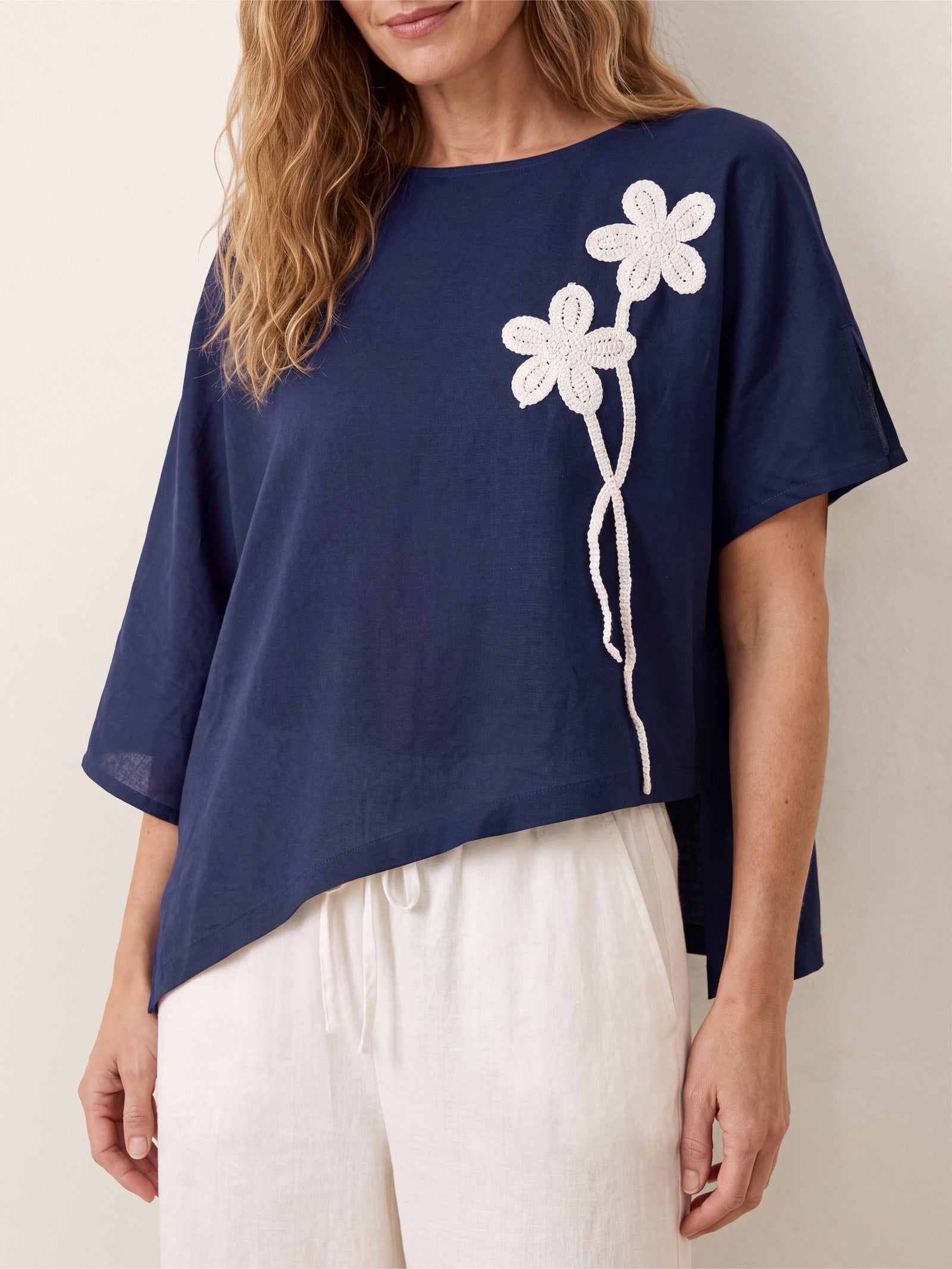 Linen-Lyocell Floral Cord Embroidered Asymmetric Hem Top FLORENE by LINTICO